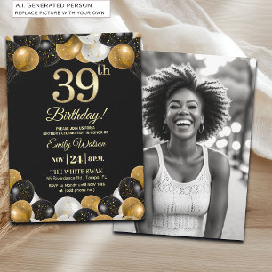 Elegant Black Gold Glitter 39th Birthday Photo Invitation