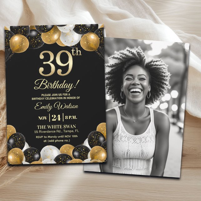 Elegant Black Gold Glitter 39th Birthday Photo Invitation (Creator Uploaded)