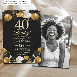 Elegant Black Gold Glitter 40th Birthday Photo Invitation