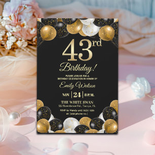 Elegant Black Gold Glitter 43rd Birthday Party Invitation