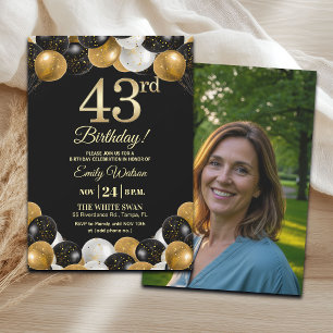 Elegant Black Gold Glitter 43rd Birthday Photo Invitation