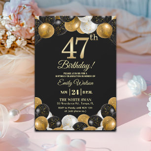 Elegant Black Gold Glitter 47th Birthday Party Invitation