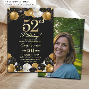 Elegant Black Gold Glitter 52nd Birthday Photo Invitation