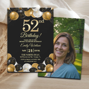 Elegant Black Gold Glitter 52nd Birthday Photo Invitation