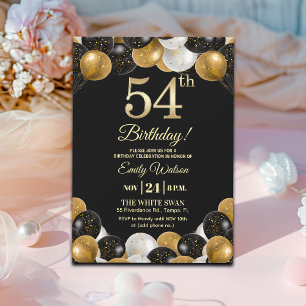 Elegant Black Gold Glitter 54th Birthday Party Invitation