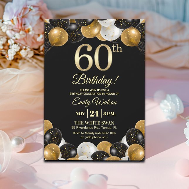 Elegant Black Gold Glitter 60th Birthday Party Invitation (Creator Uploaded)