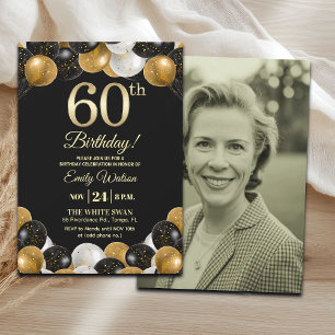 Elegant Black Gold Glitter 60th Birthday Photo Invitation