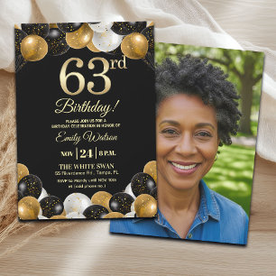 Elegant Black Gold Glitter 63rd Birthday Photo Invitation