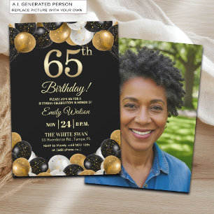 Elegant Black Gold Glitter 65th Birthday Photo Invitation