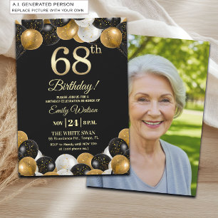 Elegant Black Gold Glitter 68th Birthday Photo Invitation