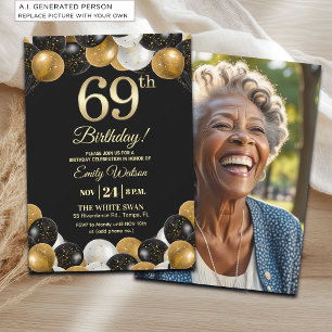 Elegant Black Gold Glitter 69th Birthday Photo Invitation