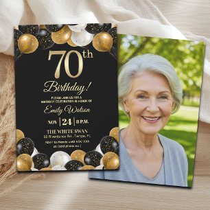Elegant Black Gold Glitter 70th Birthday Photo Invitation