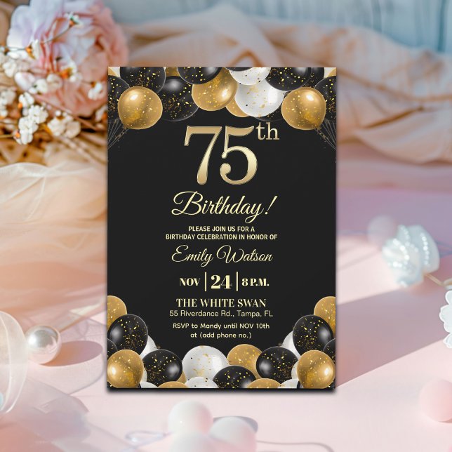 Elegant Black Gold Glitter 75th Birthday Party Invitation (Creator Uploaded)