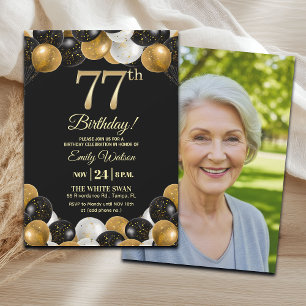 Elegant Black Gold Glitter 77th Birthday Photo Invitation