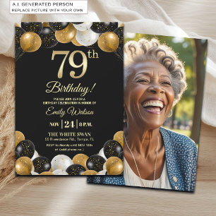 Elegant Black Gold Glitter 79th Birthday Photo Invitation