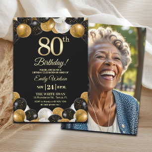 Elegant Black Gold Glitter 80th Birthday Photo Invitation