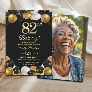Elegant Black Gold Glitter 82nd Birthday Photo Invitation