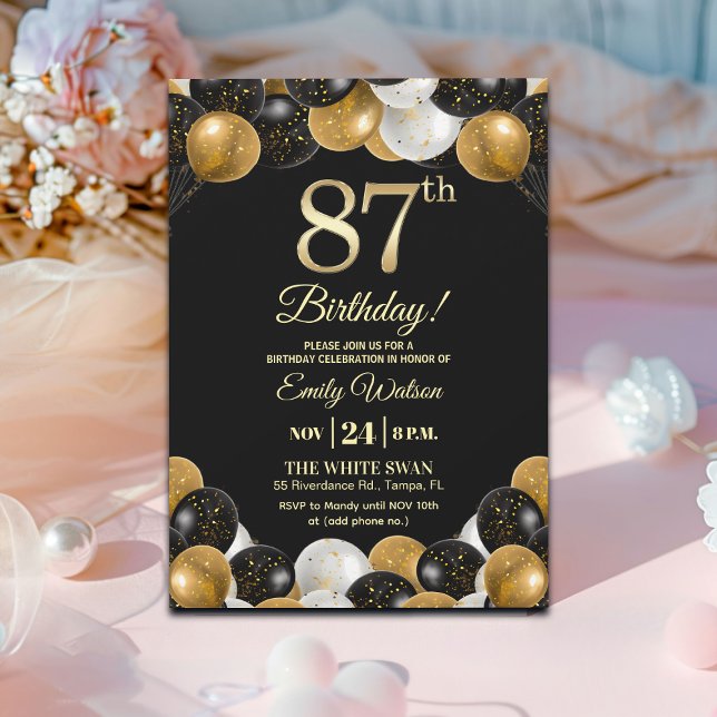 Elegant Black Gold Glitter 87th Birthday  Invitation (Creator Uploaded)