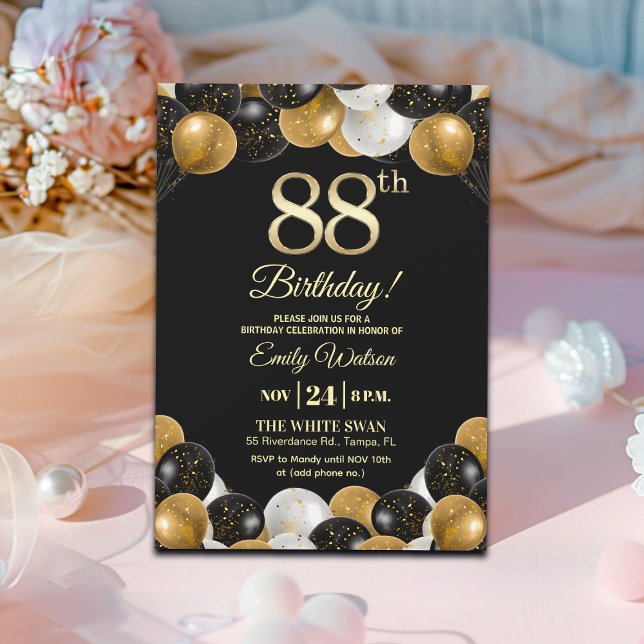 Elegant Black Gold Glitter 88th Birthday  Invitation (Creator Uploaded)