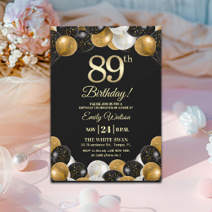 Elegant Black Gold Glitter 89th Birthday  Invitation
