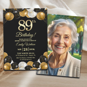 Elegant Black Gold Glitter 89th Birthday Photo Invitation