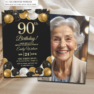 Elegant Black Gold Glitter 90th Birthday Photo Invitation