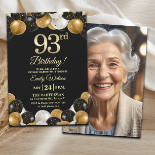 Elegant Black Gold Glitter 93rd Birthday Photo Invitation