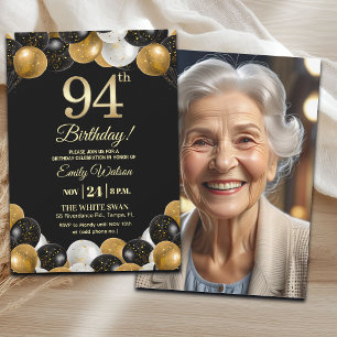 Elegant Black Gold Glitter 94th Birthday Photo Invitation