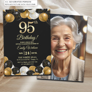 Elegant Black Gold Glitter 95th Birthday Photo Invitation