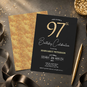 Elegant Black Gold Glitter 97th Birthday Party Invitation