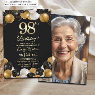 Elegant Black Gold Glitter 98th Birthday Photo Invitation