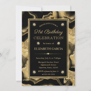 Elegant Black & Gold Glitter Agate 21st Birthday Invitation