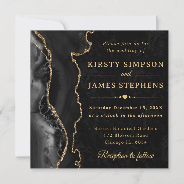 Elegant Black Gold Glitter Agate Wedding Invitation (Front)