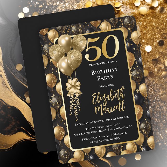 Elegant Black Gold Glitter Balloons 50th Birthday  Invitation (Elegant Black Gold-Tone Faux Glitter Balloons Pattern 50th Birthday Party Invitation 
Print Digital)