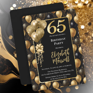 Elegant Black Gold Glitter Balloons 65th Birthday Invitation