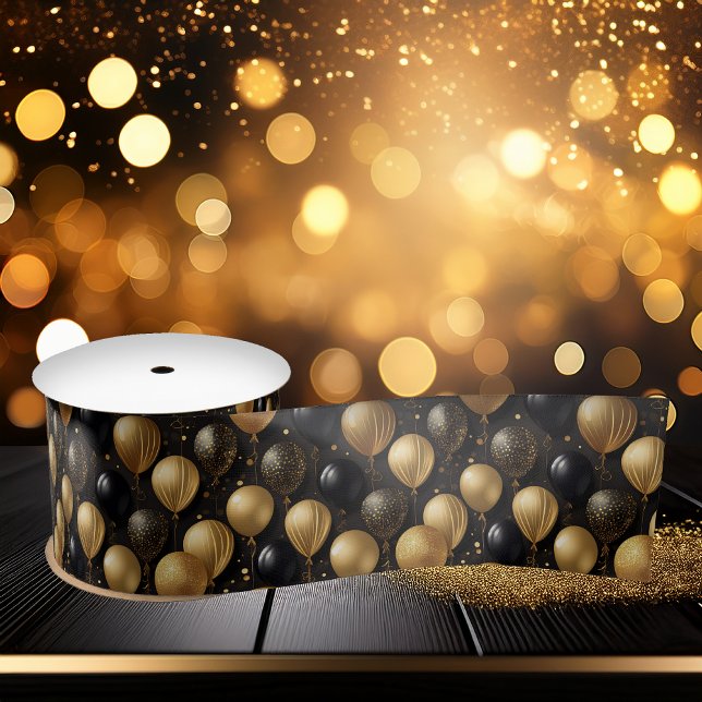  Elegant Black Gold Glitter Balloons Pattern A021 Satin Ribbon (Elegant Black and Gold Faux Glitter Balloons Pattern A021 Party Satin Ribbon)