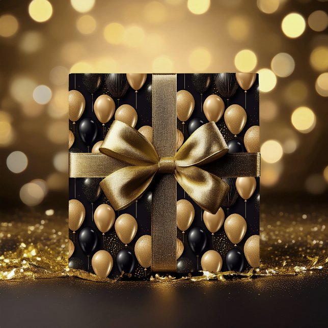  Elegant Black Gold Glitter Balloons Pattern A025 Wrapping Paper (Elegant and Festive Black and Faux Gold Glitter Balloons Pattern A025 Wrapping Paper)