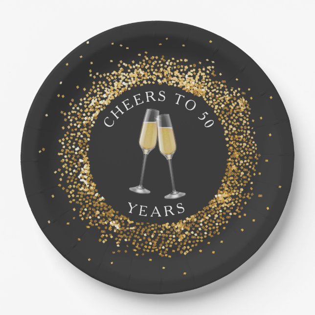 Elegant Black & Gold Glitter Birthday Paper Plates (Front)
