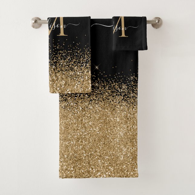 Elegant Black Gold Glitter Border Monogram Script Bath Towel Set (Insitu)