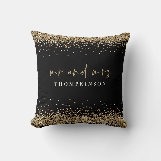 Elegant Black Gold Glitter Borders New Mr Mrs Name Throw Pillow (Front)