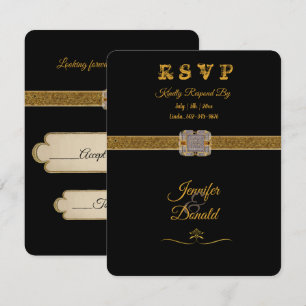 Elegant Black Gold Glitter Brooch RSVP Card