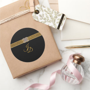 Elegant Black Gold Glitter Brooch Wedding Classic Round Sticker