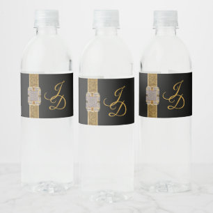 Elegant Black Gold Glitter Brooch Wedding Water Bottle Label