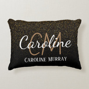 Elegant Black gold glitter custom monogram name Accent Pillow