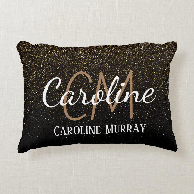 Elegant Black gold glitter custom monogram name Accent Pillow (Front)