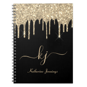 Elegant Black Gold Glitter Drips 2 Monogram Script Notebook