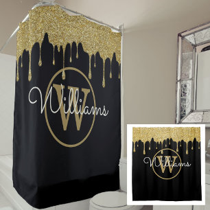 Elegant Black Gold Glitter Drips Monogram Script