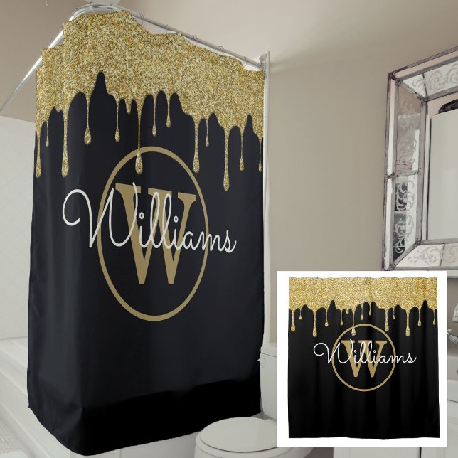Elegant Black Gold Glitter Drips Monogram Script (Elegant Black Gold Glitter Drips Monogram Script Shower Curtain)
