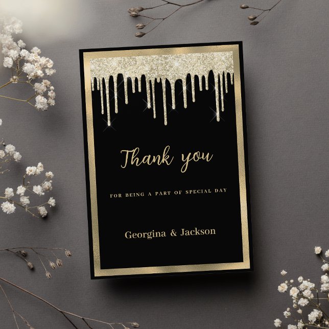 Elegant black gold glitter drips Thank You  Invitation (Elegant black gold glitter drips Thank You )