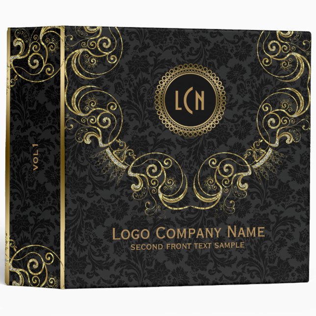 Elegant Black & Gold, Glitter Floral Frame Binder (Front/Spine)